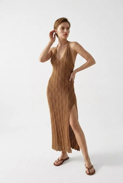 Beachwear Boyundan Bağlamalı Ajurlu Triko Plaj Elbisesi - Kahverengi ürün görseli 1