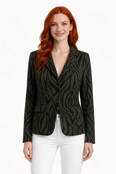 Kadın Siyah Desenli Regular Fit Blazer Ceket - Siyah ürün görseli 1
