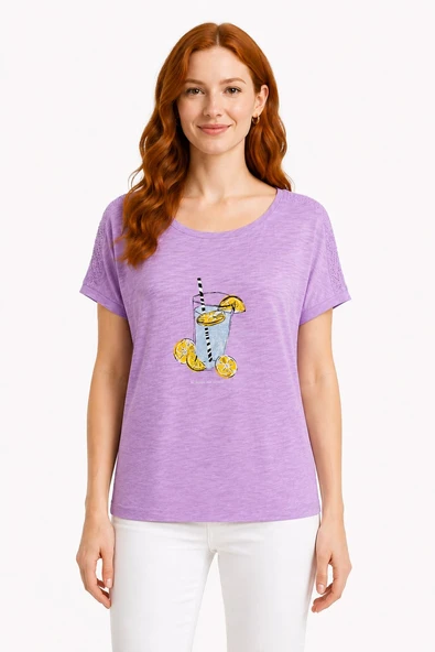 Kadın Lila Baskılı Kısa Kol T-Shirt - Mor ürün görseli 1