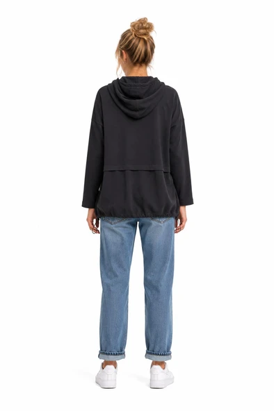 Kadın Oversize Kapüşonlu Siyah Sweatshirt - Siyah - Resim 3