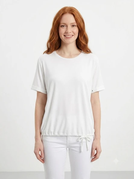 Kadın Beli Büzgülü Beyaz T-Shirt - Beyaz ürün görseli 1