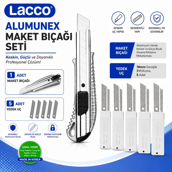 Lacco Alumunex Maket Bıçağı 1 Adet + 5 Kutu 18 mm Yedek Uç Alüminyum Gövde Kesici Seti ürün görseli 1