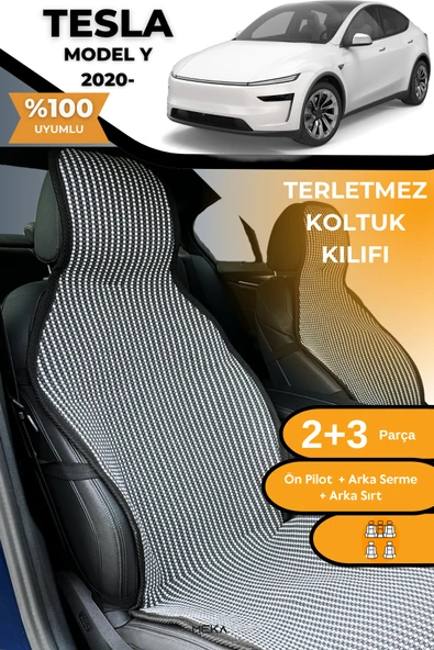 Terletmez Oto Koltuk Koruyucu Kılıf %100 Pamuk 5 li Tam Set Füme Beyaz Tesla Model Y ürün görseli 1