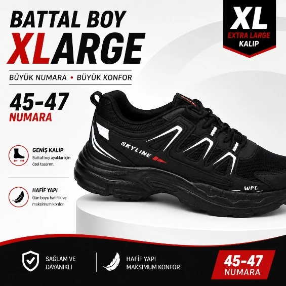 SKY MAX BİG SİZE ERKEK SNEAKER AYAKKABI BATTAL BOY SİYAH 45-47 ürün görseli 1