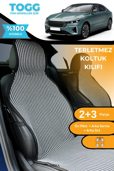 Terletmez Oto Koltuk Koruyucu Kılıf %100 Pamuk 5 li Tam Set Füme Beyaz TOGG T10F ürün görseli 1