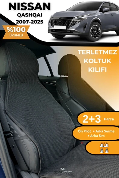 Terletmez Oto Koltuk Koruyucu Kılıf %100 Pamuk 5 li Tam Set Siyah Nissan Qashqai ürün görseli 1