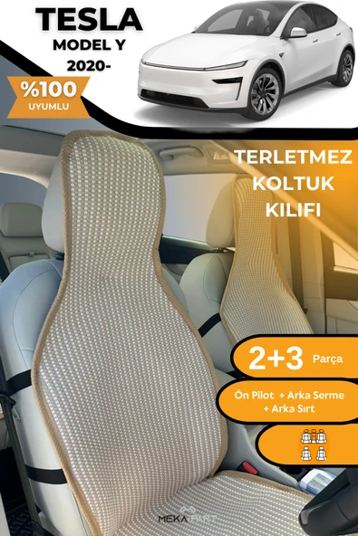 Terletmez Oto Koltuk Koruyucu Kılıf %100 Pamuk 5 li Tam Set Krem Tesla Model Y ürün görseli 1