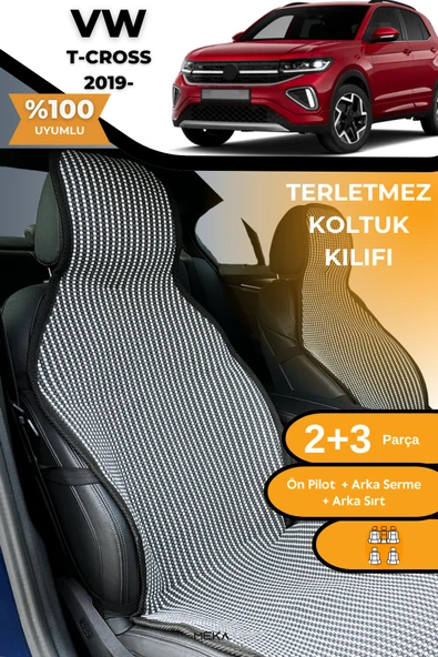 Terletmez Oto Koltuk Koruyucu Kılıf %100 Pamuk 5 li Tam Set Füme Beyaz VW T-Cross ürün görseli 1