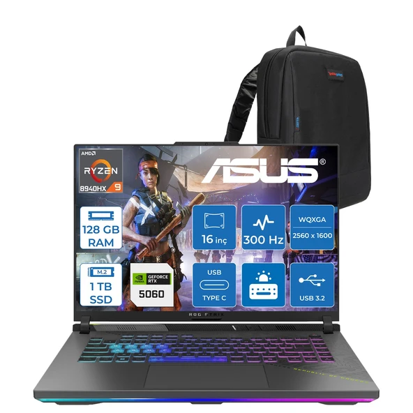Asus Rog Strix G16 G614PM Amd Ryzen™ 9 8940HX Aı 128GB Ddr5 1tb SSD 8GB/RTX5060 115W 16"2.5k (2560 x 1600, Wqxga) 300HZ 3ms SRGB:100% Freedos Gaming Laptop WTS198F51+ZETTAÇANTA ürün görseli 1