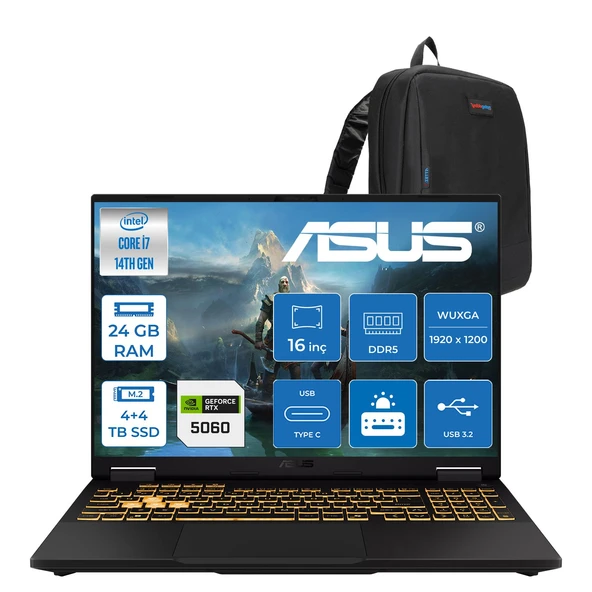 Asus Tuf Gaming F16 FX608JMI Intel® Core™ I7 14650HX 24GB Ddr5 4tb Ssd+4tb SSD 8GB/RTX5060 115W 16-Inch Fhd+ 1920 x 1200, 144Hz IPS-SRGB:100% Freedos Gaming Laptop WTU403F08+ZETTAÇANTA ürün görseli 1