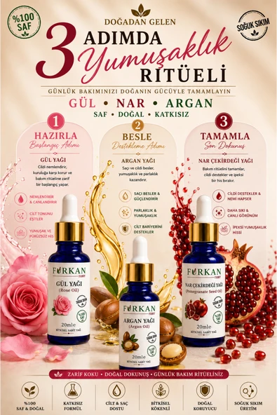 Famy Furkan Premium Bakım Yağları 3'lü Set (Gül/Argan/Nar) ürün görseli 1