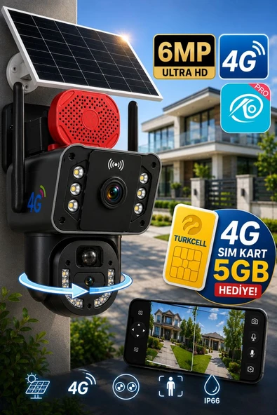 O-kam 3815 4G 6MP Dual Lens Güneş Panelli Solar Sirenli Güvenlik Kamerası Turkcell Sim Kart ürün görseli 1