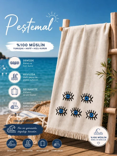 Şifa Botanik Müslin Pamuk Plaj Havlusu Peştemal Nazar ürün görseli 1