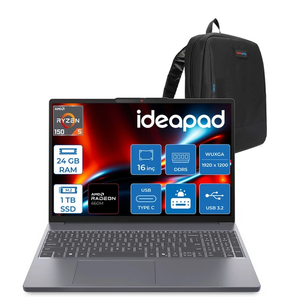 Lenovo Ideapad Slim 3 Amd Ryzen 5 150  24GB 1tb SSD Windows 11 Pro Radeon 660M 16" Wuxga (1920X1200) IPS 300NITS 60Hz Taşınabilir Bilgisayar 83K80086TRP11 + Zetta Çanta ürün görseli 1