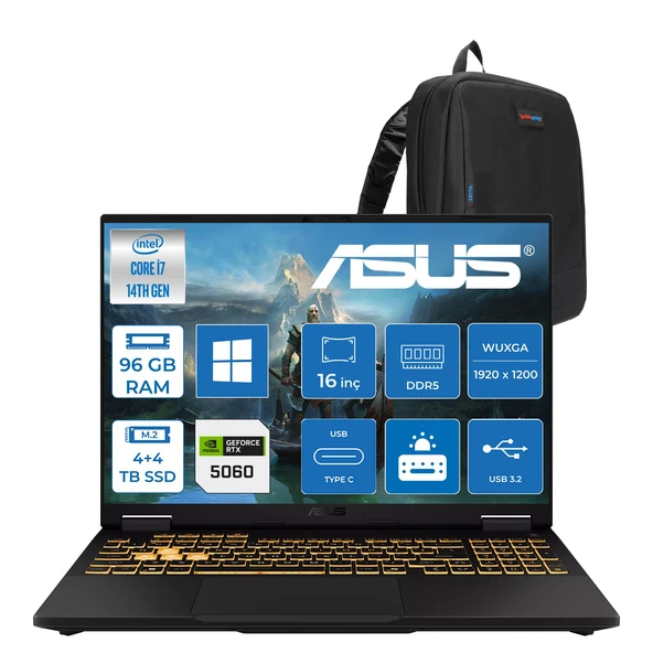 Asus Tuf Gaming F16 FX608JMI Intel® Core™ I7 14650HX 96GB Ddr5 4tb SSD +4tb SSD 8GB/RTX5060 115W 16-Inch Fhd+ 1920 x 1200, 144Hz IPS-SRGB:100% WINDOWS11HOME Gaming Laptop WTU403H48+ZETTAÇANTA ürün görseli 1