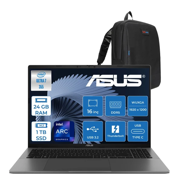 Asus Vivobook S16 (S3607AA) Intel® Core™ Ultra 7 355 Aı 24GB Ddr5 1tb SSD 16.0-Inch, Wuxga (1920 x 1200) OLED 0.2ms 400NITS Freedos Taşınabilir Bilgisayar WSH189WF08+ZETTAÇANTA ürün görseli 1