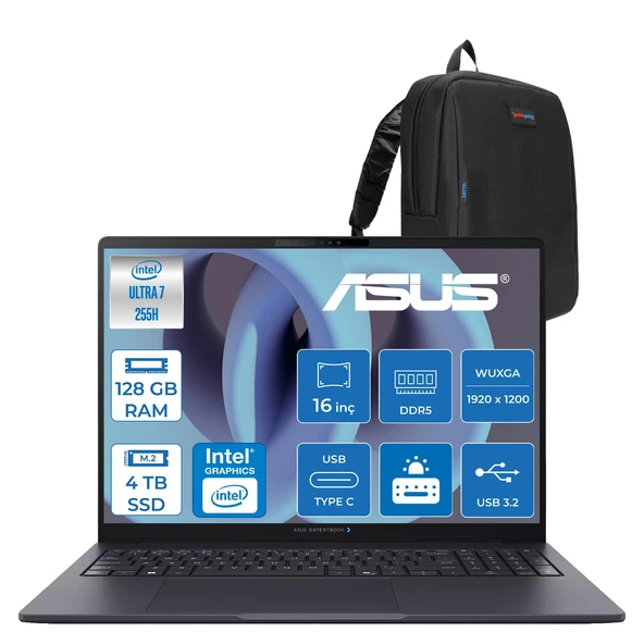 Asus Expertbook Intel Core Ultra 7 255H 128GB Ddr5 4tb SSD Intel Arc 140T Gpu 16" Wuxga IPS 300NITS 4g Sım Freedos Kurumsal Bilgisayar MB2224F45 + Zetta Çanta ürün görseli 1
