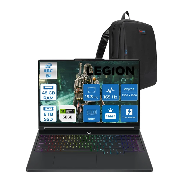 Lenovo Legion 5 Intel Core Ultra 7 356H 48GB Ddr5 6tb SSD W11PRO 8GB/RTX5060/115W 15.3" Wqxga (2560X1600) OLED 165Hz Gaming Laptop L15IAX107P29 + Zettaçanta ürün görseli 1