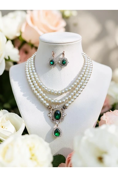 Yeşil Kristal Taşlı İnci Kolye ve Küpe Seti ürün görseli 1