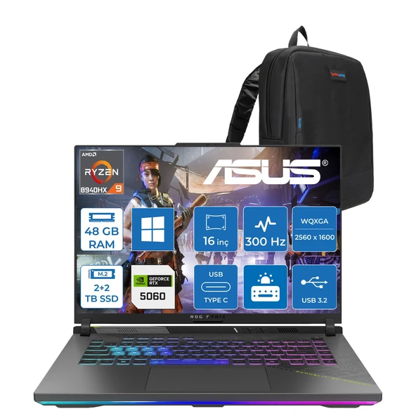Asus Rog Strix G16 G614PM Amd Ryzen™ 9 8940HX Aı 48GB Ddr5 2tb Ssd+2tb SSD 8GB/RTX5060 115W 16"2.5k (2560 x 1600, Wqxga) 300HZ 3ms SRGB:100% WINDOWS11HOME Gaming Laptop WTS198H22+ZETTAÇANTA ürün görseli 1