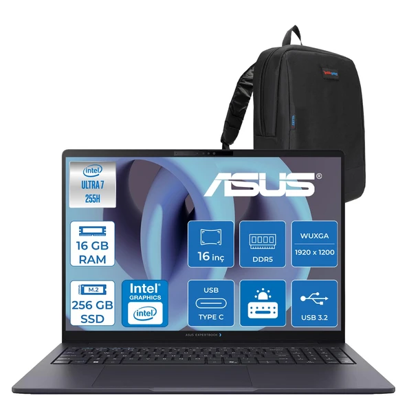 Asus Expertbook Intel Core Ultra 7 255H 16GB Ddr5 256GB SSD Intel Arc 140T Gpu 16" Wuxga IPS 300NITS 4g Sım Windows 11 Pro Kurumsal Bilgisayar MB2224P01 + Zetta Çanta ürün görseli 1