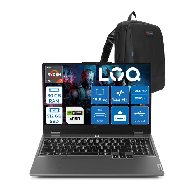 Lenovo Loq Essential 15ARP10 Amd Ryzen 7 170 Aı 80GB Ddr5 512GB SSD  Rtx™ 4050/6GB/65W 15.6" Fhd (1920X1080) IPS 300NITS 100% Srgb, 144Hz Freedos Bilgisayar 83S000DXTRF27+ZETTAÇANTA ürün görseli 1