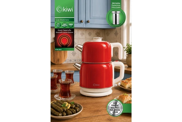 Kiwi KTM-2921 Paslanmaz Çelik Çay Makinesi | 1800W & 2.2 L Su Isıtıcı & 1.2 L Demlik & 90°c Sıcak Tutma ürün görseli 1