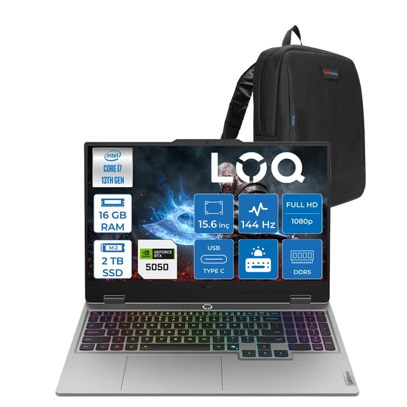 Lenovo Loq 15IRX10 Intel Core I7-13645HX 16GB Ddr5 2tb SSD 8GB/RTX5050/100W 15.6" Fhd IPS 300NITS 100% Srgb 144Hz Windows 11 Home Gaming Bilgisayar 83JE01D3TRH04 + Zetta Çanta ürün görseli 1