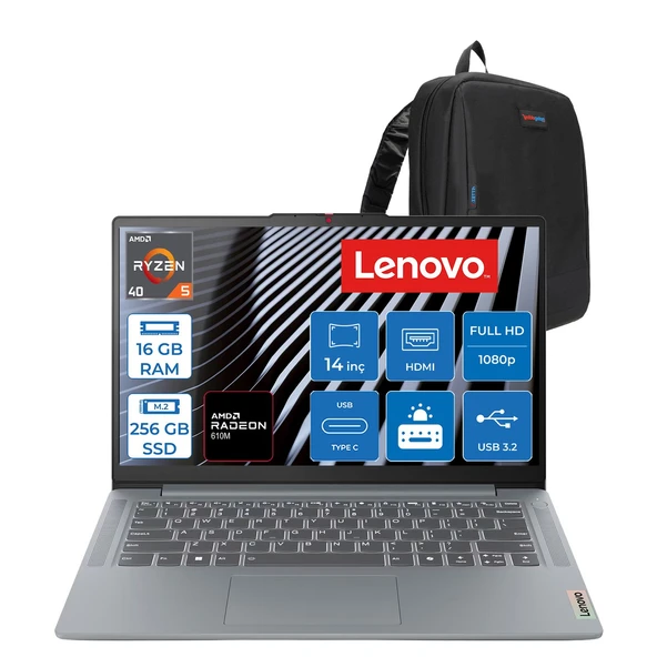Lenovo Ideapad Slim 3 Ryzen5 40 16GB Lpddr5 256GB SSD Amd Radeon 610M 14" Fhd (1920X1080) IPS 300NITS Freedos Taşınabilir Bilgisayar D82XN00DCTXF01 + Zetta Çanta ürün görseli 1