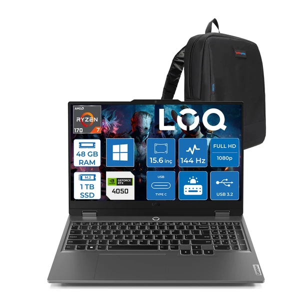 Lenovo Loq Essential 15ARP10 Amd Ryzen 7 170 Aı 48GB Ddr5 1tb SSD  Rtx™ 4050/6GB/65W 15.6" Fhd (1920X1080) IPS 300NITS 100% Srgb, 144Hz WIN11PRO Bilgisayar 83S000DXTRP18+ZETTAÇANTA ürün görseli 1