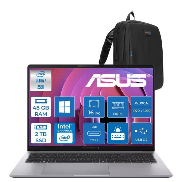 Asus Expertbook P3 G1 P3606CCA Intel® Core™ Ultra 7 255H Aı 48GB Ddr5 2tb SSD  Intel® Graphics 16.0-Inch, Wuxga (1920 x 1200) 300NITS WIN11HOME Bilgisayar U716512G1DH19+ZETTAÇANTA ürün görseli 1