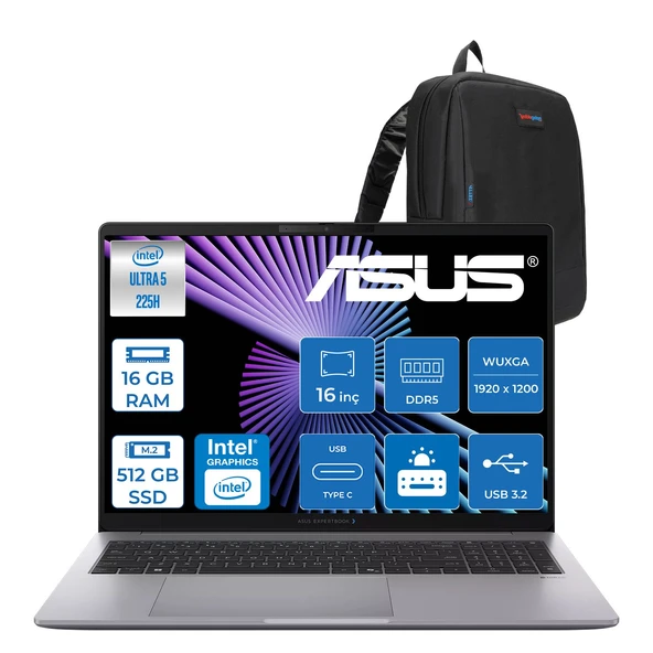 Asus Expertbook P3 G1 P3606CCA Intel® Core™ Ultra 5 225H Aı 16GB Ddr5 512GB SSD  Intel® Graphics 16.0-Inch, Wuxga (1920 x 1200) 300NITS Freedos Bilgisayar U516512G1DF02+ZETTAÇANTA ürün görseli 1