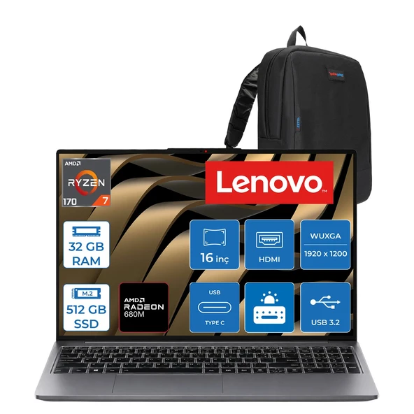 Lenovo Ideapad Slim 3 16ARP10 Amd Ryzen 7 170 32GB Ddr5 512GB Ssdamd Radeon™ 680M Graphics 16" Wuxga (1920X1200) IPS 300NITS Freedos Taşınabilir Bilgisayar 83K800DKTRF12+ZETTAÇANTA ürün görseli 1