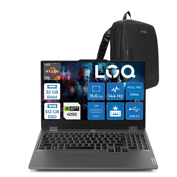 Lenovo Loq Essential 15ARP10 Amd Ryzen 7 170 Aı 32GB Ddr5 512GB SSD  Rtx™ 4050/6GB/65W 15.6" Fhd (1920X1080) IPS 300NITS 100% Srgb, 144Hz Freedos Bilgisayar 83S000DXTRF12+ZETTAÇANTA ürün görseli 1