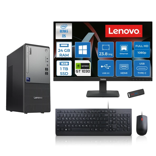 Lenovo Thinkcentre Neo 50T Gen 6 Intel Core Ultra 5 225 Upto 4.9ghz 24GB Ddr5 1tb SSD 4GB/GT1030  WIN11HOME +23.8"fhd Monitör Masaüstü Bilgisayar 13BD007UTR2421H08+ZETTAUSBBELLEK ürün görseli 1