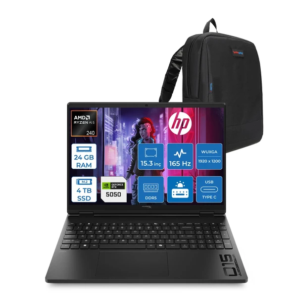 Hp Hyperx Omen Amd Ryzen 5 240 24GB Ddr5 4tb SSD 8GB/RTX5050 15.3" Wuxga 165Hz 6.5ms IPS Windows 11 Pro Gaming Bilgisayar D2QW7EAP10 + Zetta Çanta ürün görseli 1