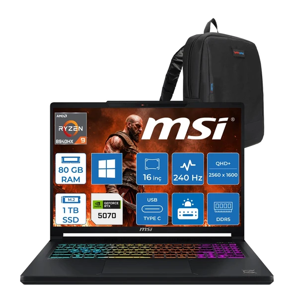 MSI Msı Crosshaır 16 Max Hx E2WGXK-043TR Intel Core Ultra 9-275HX Aı 80GB Ddr5 1tb SSD 8GB/RTX5070 115W 16 Inç Qhd+ (2560 x 1600) Oled, 165hz WINDOWS11PRO Gaming Laptop ZW043TRP35+ZETTAÇANTA ürün görseli 1