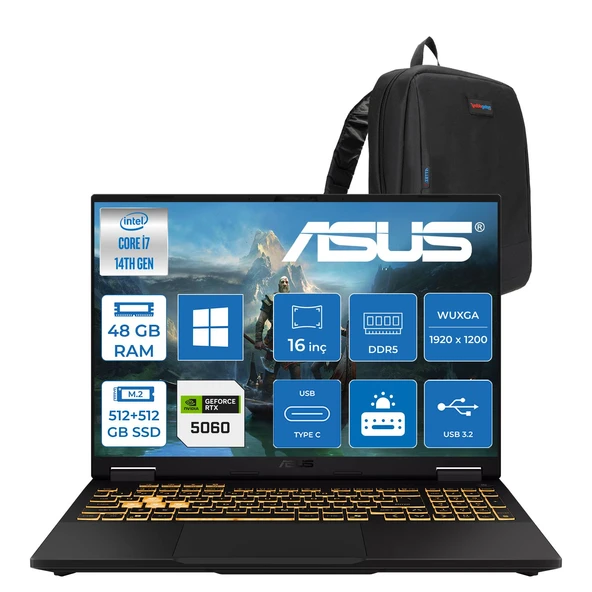 Asus Tuf Gaming F16 FX608JMI Intel® Core™ I7 14650HX 48GB Ddr5 512GB SSD+512GB SSD  8GB/RTX5060 115W 16-Inch Fhd+ 1920 x 1200, 144Hz IPS-SRGB:100% WINDOWS11PRO Gaming Laptop WTU403P18+ZETTAÇANTA ürün görseli 1