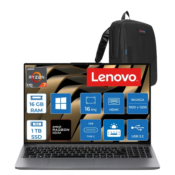 Lenovo Ideapad Slim 3 16ARP10 Amd Ryzen 7 170 16GB Ddr5 1tb Ssdamd Radeon™ 680M Graphics 16" Wuxga (1920X1200) IPS 300NITS WIN11PRO Taşınabilir Bilgisayar 83K800DKTRP03+ZETTAÇANTA ürün görseli 1