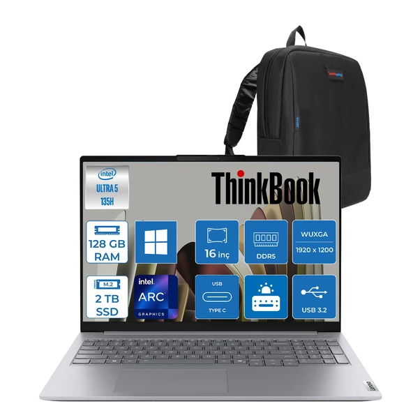Lenovo Thinkbook 16 G8 Ial Intel Core Ultra 5 135H Aı 128GB Ddr5 2tb SSD  Intel® Arc™ Graphics 16" Wuxga (1920X1200) IPS 300NITS WIN11HOME Bilgisayar 21SK00G8TXH39+ZETTAÇANTA ürün görseli 1