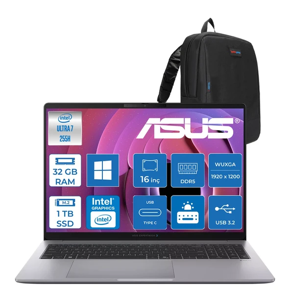 Asus Expertbook P3 G1 P3606CCA Intel® Core™ Ultra 7 255H Aı 32GB Ddr5 1tb SSD  Intel® Graphics 16.0-Inch, Wuxga (1920 x 1200) 300NITS WIN11PRO Bilgisayar U716512G1DP13+ZETTAÇANTA ürün görseli 1