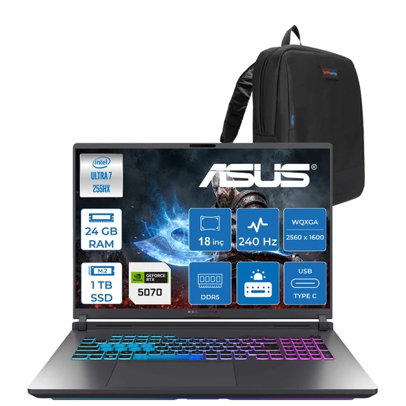 Asus Rog Strix G18 G815LP Intel Core Ultra 7 255HX Aı 24GB Ddr5 1tb SSD 8GB/RTX5070 115W 18-" 2.5k (2560 x 1600, Wqxga) 240Hz 3ms SRGB:100% Freedos Gaming Laptop WS9215F03+ZETTAÇANTA ürün görseli 1
