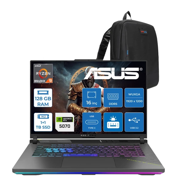 Asus Rog Strix G16 G614PP Amd Ryzen™ 9 8940HX Aı 128GB Ddr5 1tb Ssd+1tbssd 8GB/RTX5070 115W 16-Inch Fhd+ 1920 x 1200, 165Hz 3ms IPS-SRGB:100% Freedos Gaming Laptop WRV219F52+ZETTAÇANTA ürün görseli 1