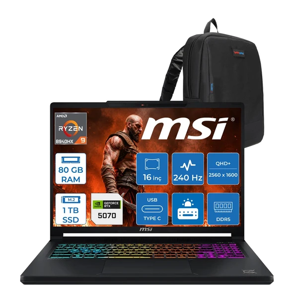 MSI Msı Crosshaır A16 Hx E8WGK-011XTR Amd Ryzen 9-8940HX  Aı 80GB Ddr5 1tb SSD 8GB/RTX5070 115W 16 Inç Qhd+ (2560 x 1600) IPS 240Hz Freedos Gaming Laptop ZW011XTRF35+ZETTAÇANTA ürün görseli 1