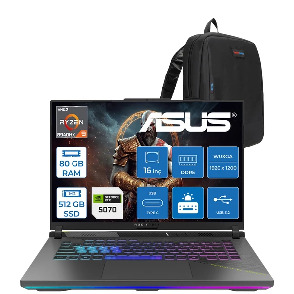 Asus Rog Strix G16 G614PP Amd Ryzen™ 9 8940HX Aı 80GB Ddr5 512GB SSD 8GB/RTX5070 115W 16-Inch Fhd+ 1920 x 1200, 165Hz 3ms IPS-SRGB:100% Freedos Gaming Laptop WRV219F33+ZETTAÇANTA ürün görseli 1
