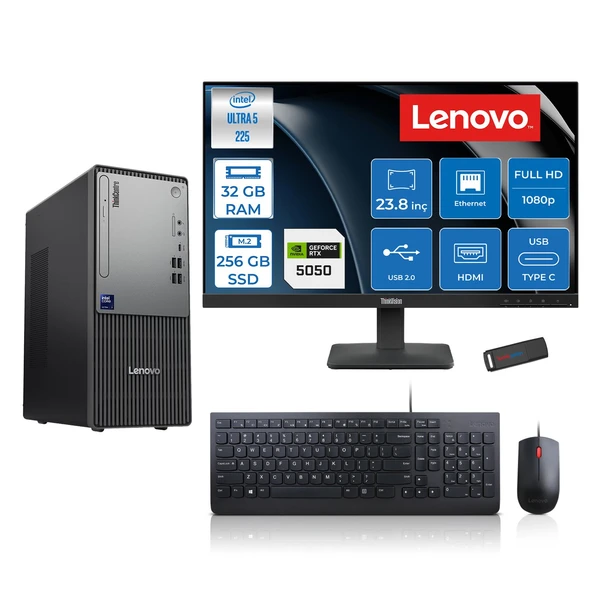 Lenovo Thinkcentre Neo 50T Gen 6 Intel Core Ultra 5 225 Upto 4.9ghz 32GB Ddr5 256GB SSD 8GB/RTX5050 Freedos +23.8"fhd Monitör Masaüstü Bilgisayar 13BD007UTR2424F11+ZETTAUSBBELLEK ürün görseli 1