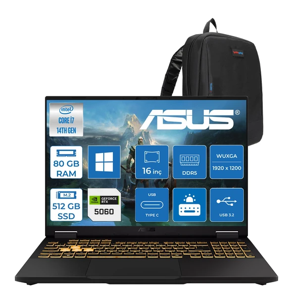 Asus Tuf Gaming F16 FX608JMI Intel® Core™ I7 14650HX 80GB Ddr5 512GB SSD 8GB/RTX5060 115W 16-Inch Fhd+ 1920 x 1200, 144Hz IPS-SRGB:100% WINDOWS11PRO Gaming Laptop WTU403P33+ZETTAÇANTA ürün görseli 1