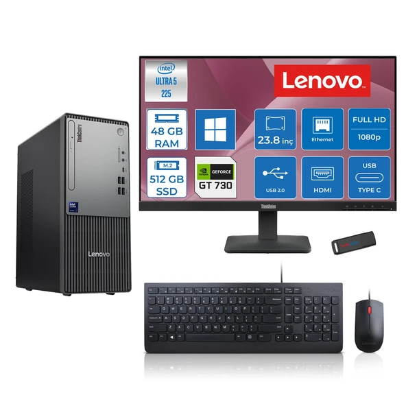 Lenovo Thinkcentre Neo 50T Gen 6 Intel Core Ultra 5 225 Upto 4.9ghz 48GB Ddr5 512GB SSD 4GB/GT730 WIN11PRO +23.8"fhd Monitör Masaüstü Bilgisayar 13BD007UTR2425P17+ZETTAUSBBELLEK ürün görseli 1