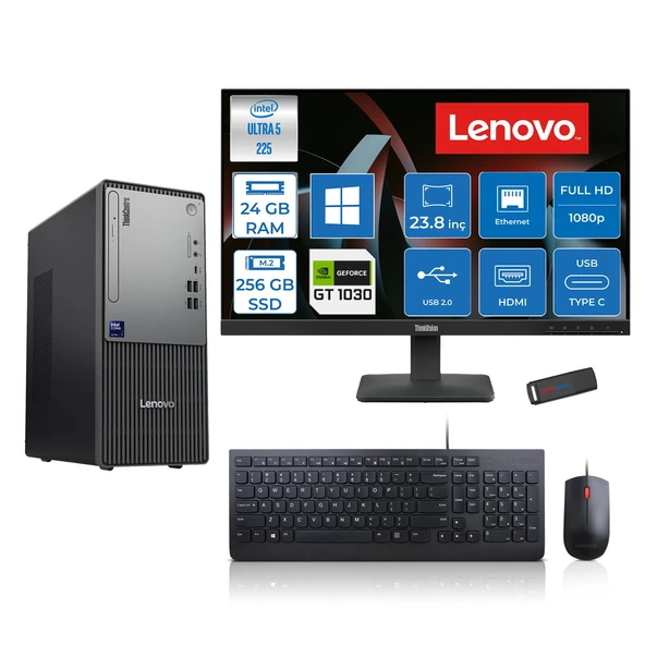 Lenovo Thinkcentre Neo 50T Gen 6 Intel Core Ultra 5 225 Upto 4.9ghz 24GB Ddr5 256GB SSD 4GB/GT1030  WIN11HOME +23.8"fhd Monitör Masaüstü Bilgisayar 13BD007UTR2421H06+ZETTAUSBBELLEK ürün görseli 1