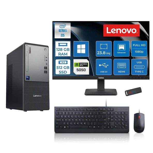 Lenovo Thinkcentre Neo 50T Gen 6 Intel Core Ultra 5 225 Upto 4.9ghz 128GB Ddr5 512GB SSD 8GB/RTX5050 WIN11HOME +23.8"fhd Monitör Masaüstü Bilgisayar 13BD007UTR2424H37+ZETTAUSBBELLEK ürün görseli 1